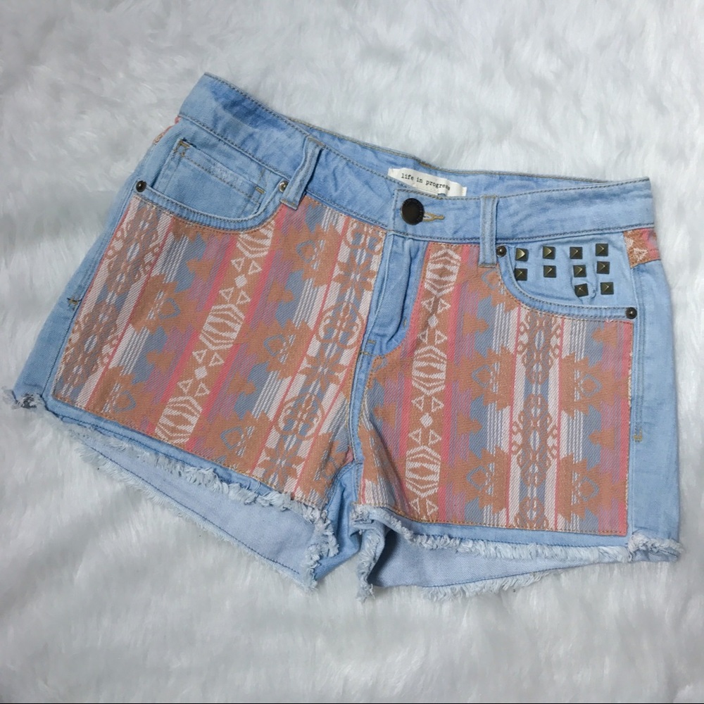 Life In Progress Tribal Aztec Tapesty Jean Shorts